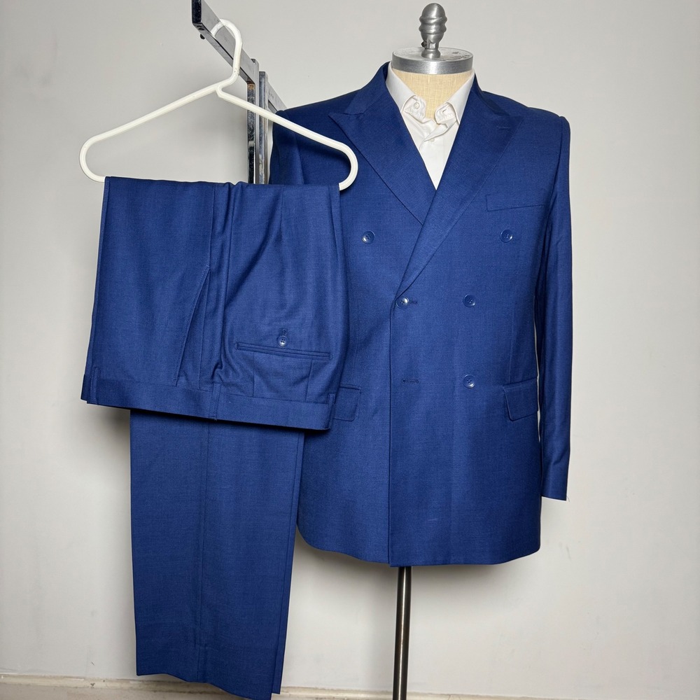 Lineage Suit Mens 44L 36W Blue Solid Double Breasted 2 Piece Set Formal Business